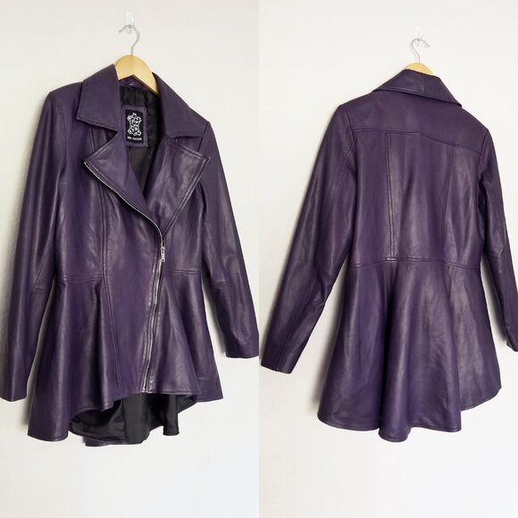 Real 100% Genuine Leather Peplum Long Sleeves Asymmetric Jacket M Purple - Picture 15 of 16